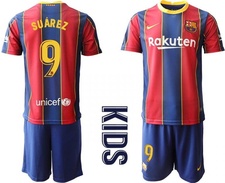 SUÁREZ 9 FC Barcelona Kinderheim Trikot 2020/21 Trikotsatz Kurzarm Rot Blau Billige Fussballtrikots