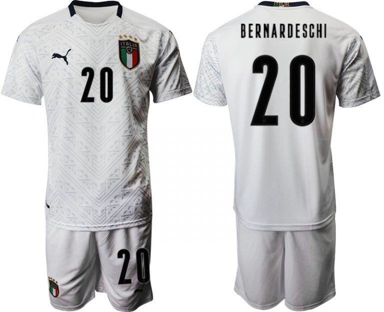 Herren Italien EM 2020 Auswärtstrikot weiß Fussballtrikots Kurzarm + Kurze Hosen BERNARDESCHI 20