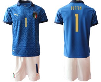 Herren Italien Heimtrikot EM 2020-2021 Trikotsatz blau Kurzarm + weiß Kurze Hosen BUFFON 1