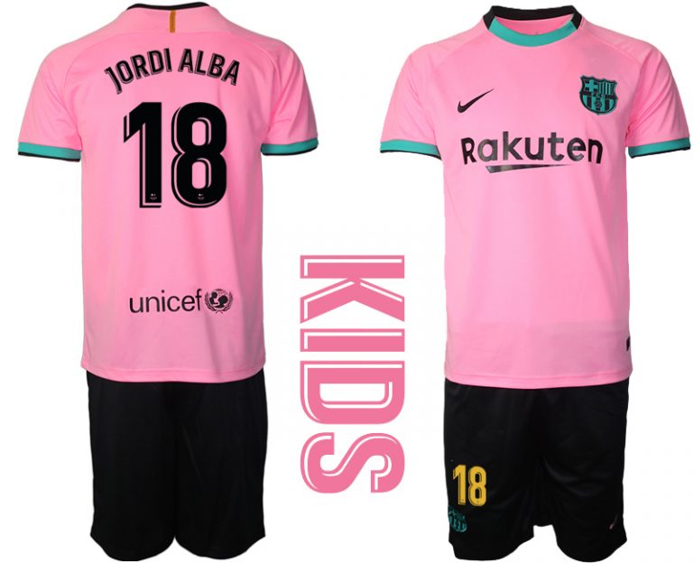 JORDI ALBA 18 FC Barcelona 2020-2021 Ausweichtrikot Set rosa Kurzarm + schwarz Kurze Hosen