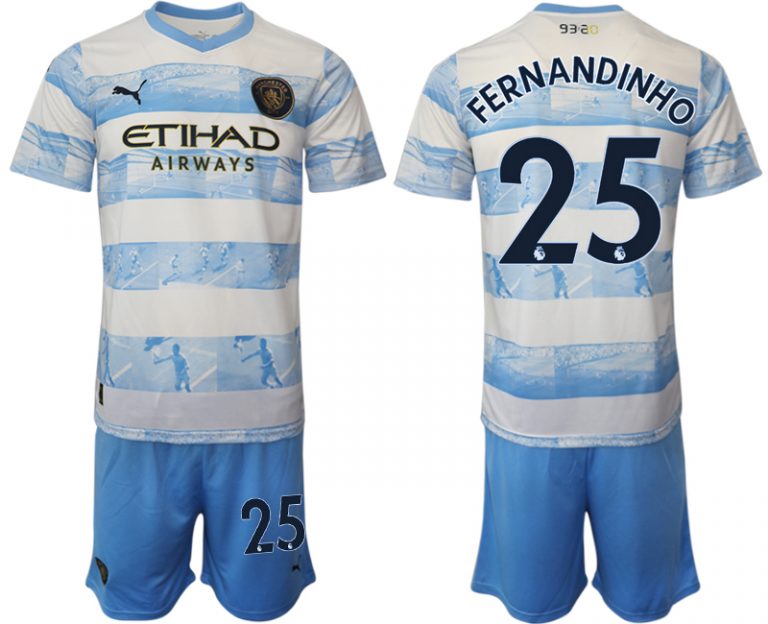 Manchester City Aufwärmtrikot 2022/2023 weiß blau Kurzarm + Kurze Hosen FERNANDINHO 25