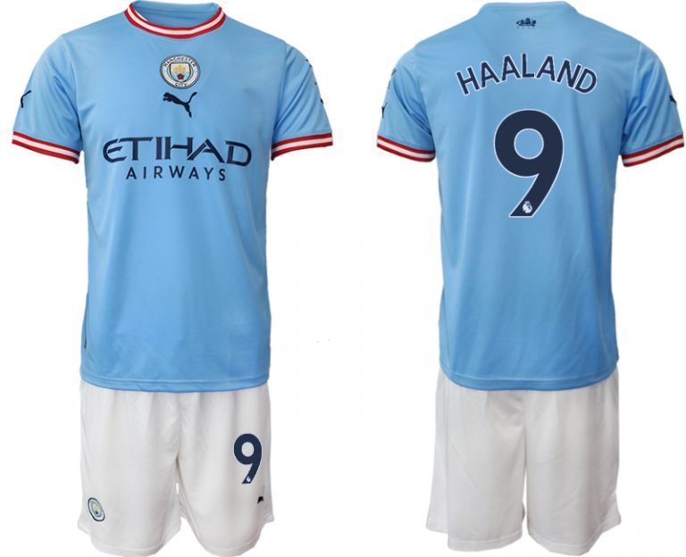 Manchester City Heimtrikot 2022/2023 blau weiß Trikotsatz mit Aufdruck HAALAND 9