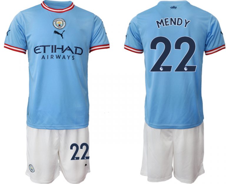 Manchester City Heimtrikot 2022/2023 blau weiß Trikotsatz mit Aufdruck MENDY 22