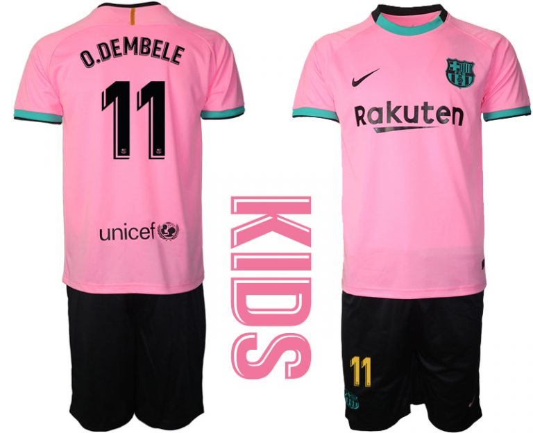 O.DEMBELE 11 FC Barcelona 2020-2021 Ausweichtrikot Set rosa Kurzarm + schwarz Kurze Hosen