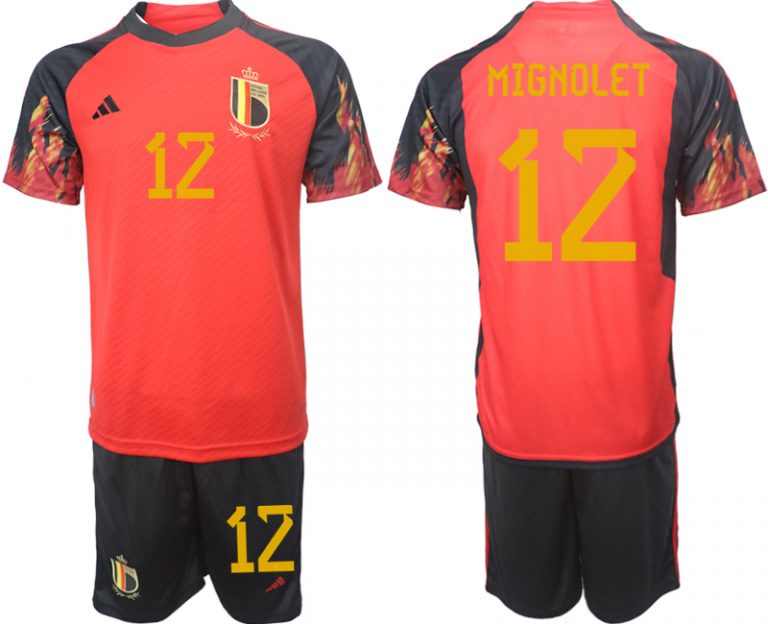 Fußballtrikot für Herren Belgien WM 2022 Heimtrikot rot schwarz Trikotsatz MIGNOLET 12