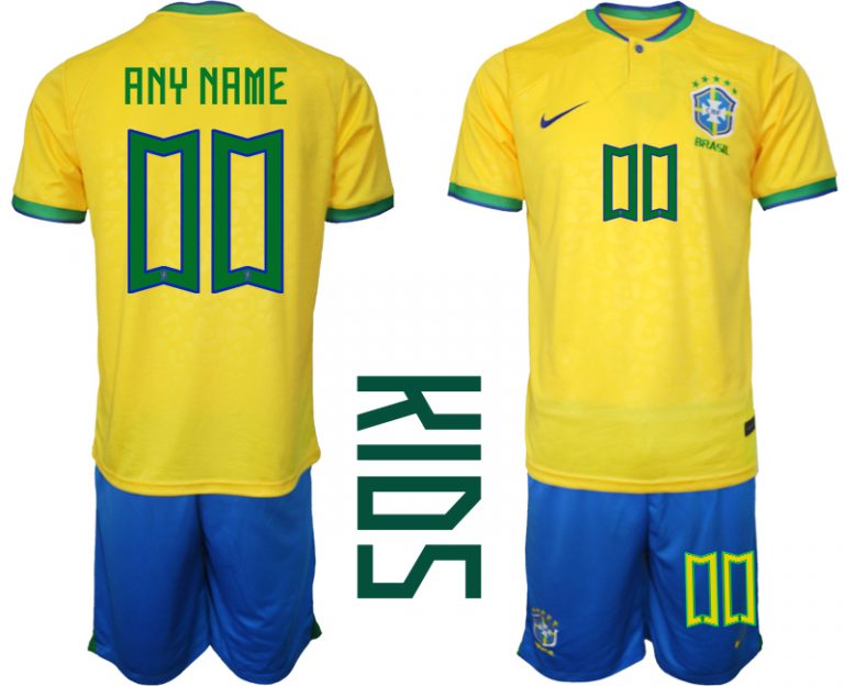 Kinder Heimtrikot Brasilien Fußball 2022 WM Gelb Trikotsatz Online Personalisierbar