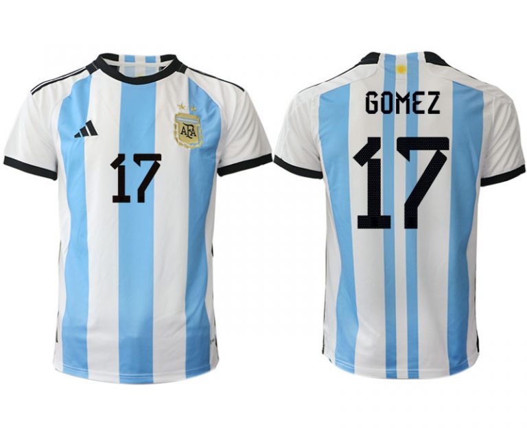 Neues Fußballtrikots Argentinien Heimtrikot WM 2022 Weiss Blau Kurzarm GOMEZ 17