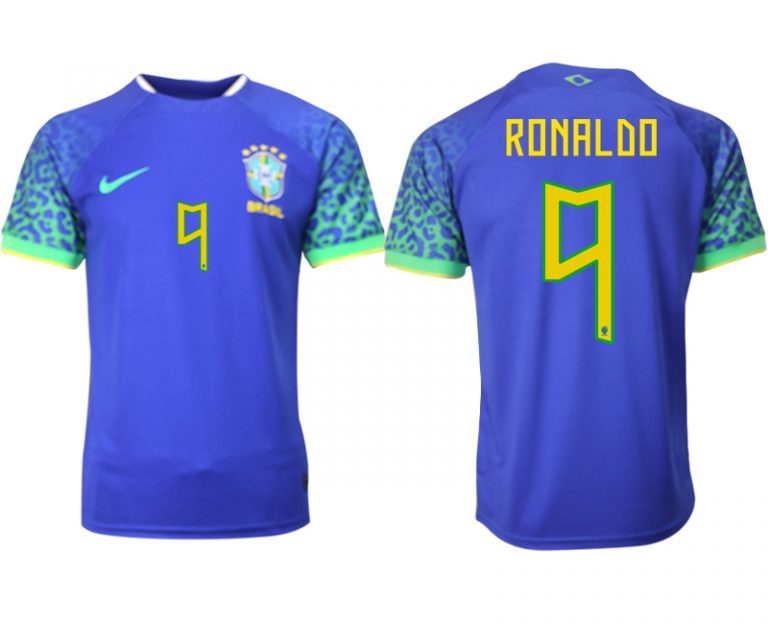 Herren Brasilien FIFA WM Katar 2022 Auswärtstrikot blau Kurzarm mit Aufdruck RONALDO 9