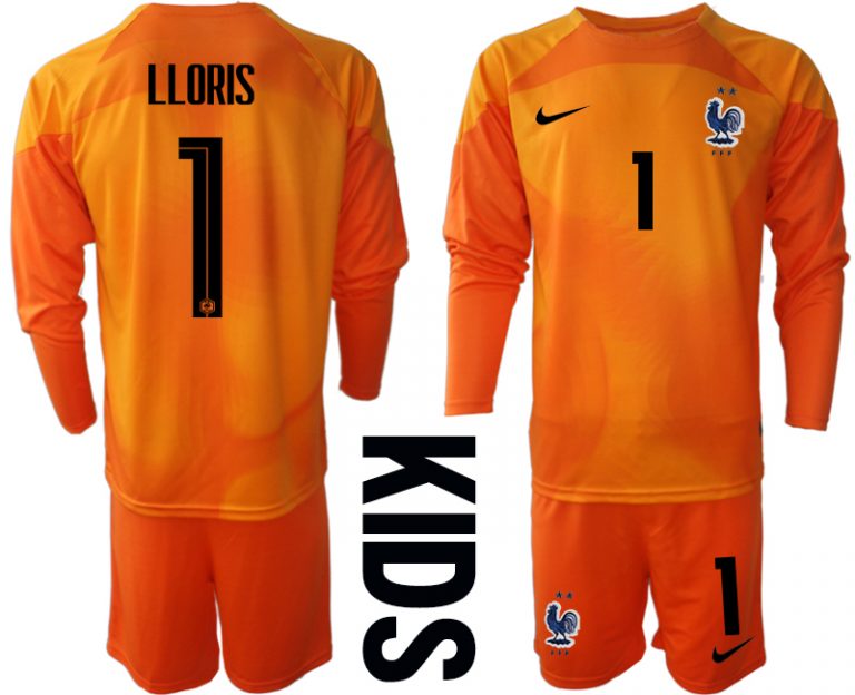 LLORIS #1 Frankreich 2022/23 Torwarttrikot orange Langarm Trikotsatz für Kinder