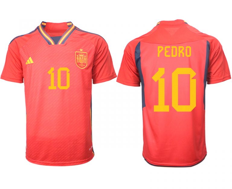 Herren Spanien FIFA WM Katar 2022 Heimtrikot Teampower Rot Kurzarm Trikotsatz PEDRO 10