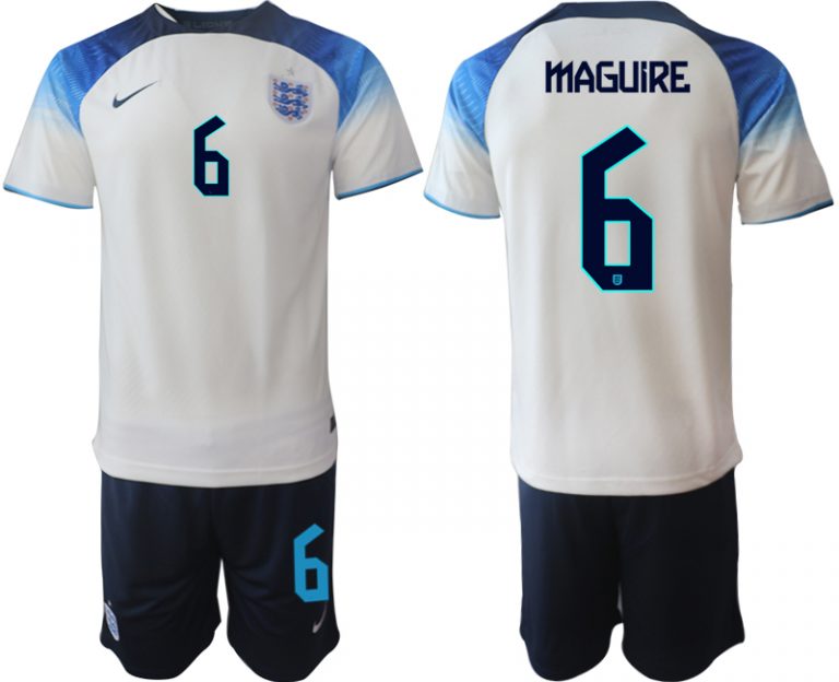 MAGUIRE #6 Herren England Fußball-WM 2022 Heimtrikot weiß blau Kurzarm + Kurze Hosen