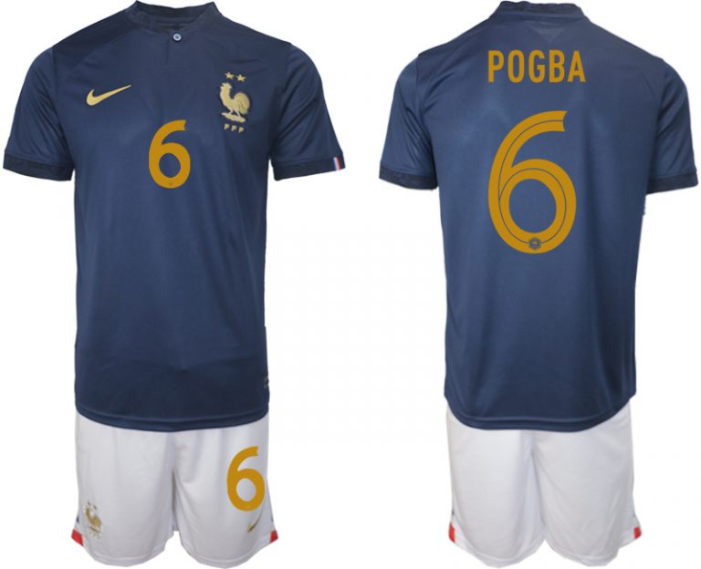 POGBA #6 Herren Frankreich FIFA WM Katar 2022 Heimtrikot Marineblau Fußballtrikots Trikotsatz