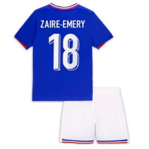 Kinder Frankreich Trikot EM 2024 Heimtrikot Kurzarm + Kurze Hosen Warren Zaire-Emery 18